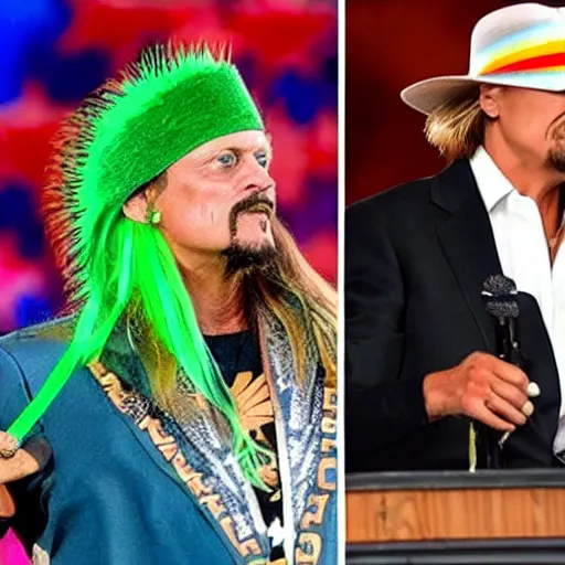 Prompt: Kid Rock wearing an eagle costume supplexing President Biden dressed like the Ultimate Warrior