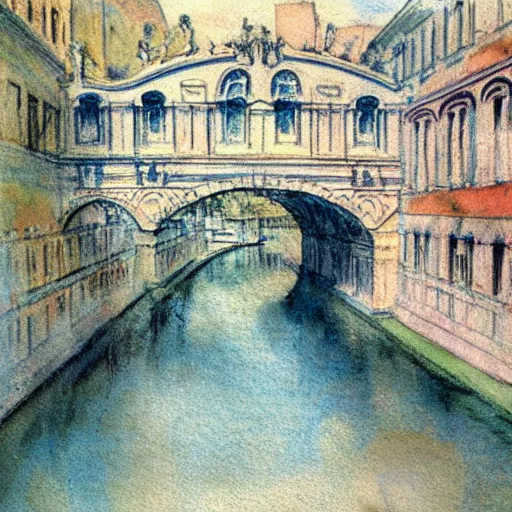 Image similar to the bridge of sighs in the style of vrubel, watercolor, pastel colors