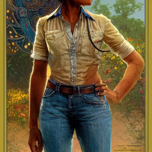 Image similar to close up a beautiful Indian doctor wearing jeans and a shirt in Texas in 2022, sun shining, photo realistic illustration by greg rutkowski, thomas kindkade, alphonse mucha, loish, norman rockwell.