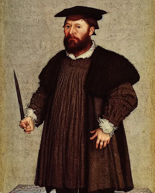 Prompt: “A portrait of a bearded Dwarf Lawyer by Hans Holbein (1523)”