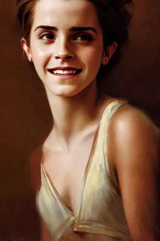 Image similar to emma watson smiling gathered faille v - neck detailed portrait painting by gaston bussiere craig mullins j. c. leyendecker photograph photorealsitic octane render