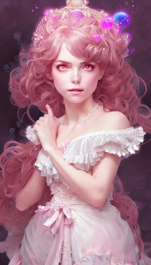 Image similar to portrait of magical lolita girl, dreamy and ethereal, pink eyes, curious expression, ornate frilly dress, fantasy, intricate, elegant, rainbow bubbles and crystals, highly detailed, digital painting, artstation, concept art, smooth, sharp focus, illustration, art by artgerm and greg rutkowski and alphonse mucha