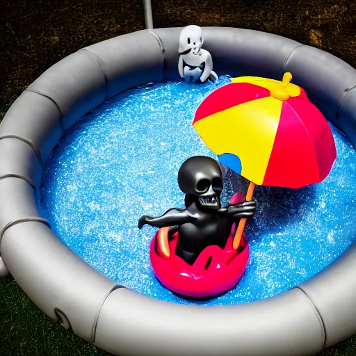 Image similar to grim reaper inside a kiddie pool, very detailed, very realistic, photograph, 5 0 mm, canon, nikon, zeiss lens, editorial, perfect composition, perfect lighting, 4 k