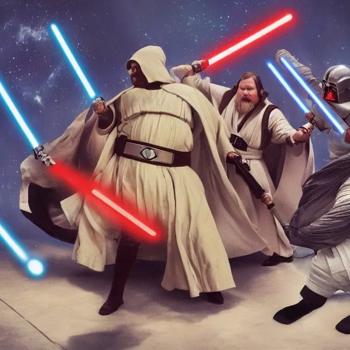 Image similar to obi wan kenobi but obese!! and overweight fighting a fat and obese darth vader, photoralistic rendering, movie still, screenshot, hyperdetailed