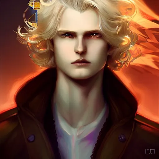 Image similar to digital art of a pale menacing male Cyborg Angel of Battle with fluffy blond curls of hair and piercing eyes, johan liebert mixed with Dante, central composition, he commands the fiery power of resonance and wrath, very very long blond curly hair with bangs, baroque curls, by rossdraws and WLOP, Artstation, CGsociety