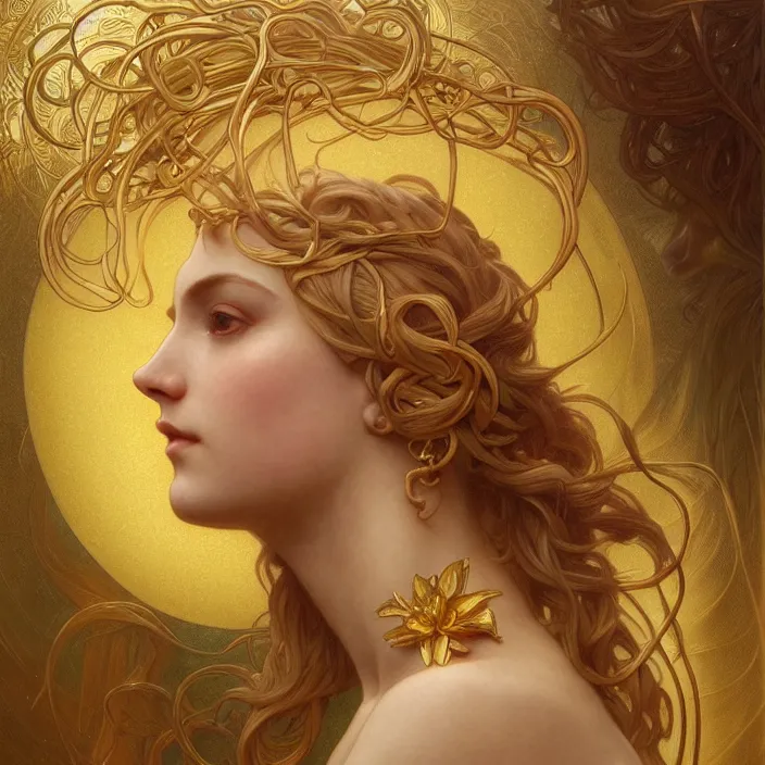 Image similar to portrait of gaea goddess with thin gold tendrils, intricate, elegant, highly detailed, digital painting, artstation, concept art, smooth, sharp focus, illustration, art by artgerm and greg rutkowski and alphonse mucha and william - adolphe bouguereau