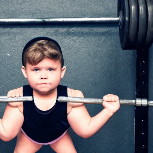 Prompt: a morbidly obese toddler lifting weights at the gym