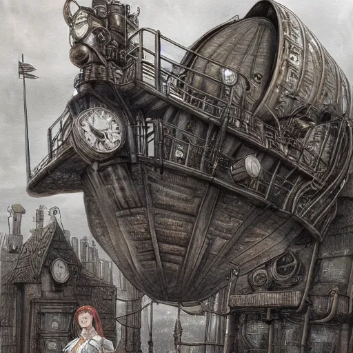 Image similar to a hyperrealistic painting of a beautiful female steampunk goddess, standing at an airship docking station, by john kenn mortensen, highly detailed,