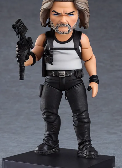 Prompt: kurt russell, a nendoroid of kurt russell is snake plisskin figurine, black tank top, grey pants, escape from new york, realistic face, detailed product photo