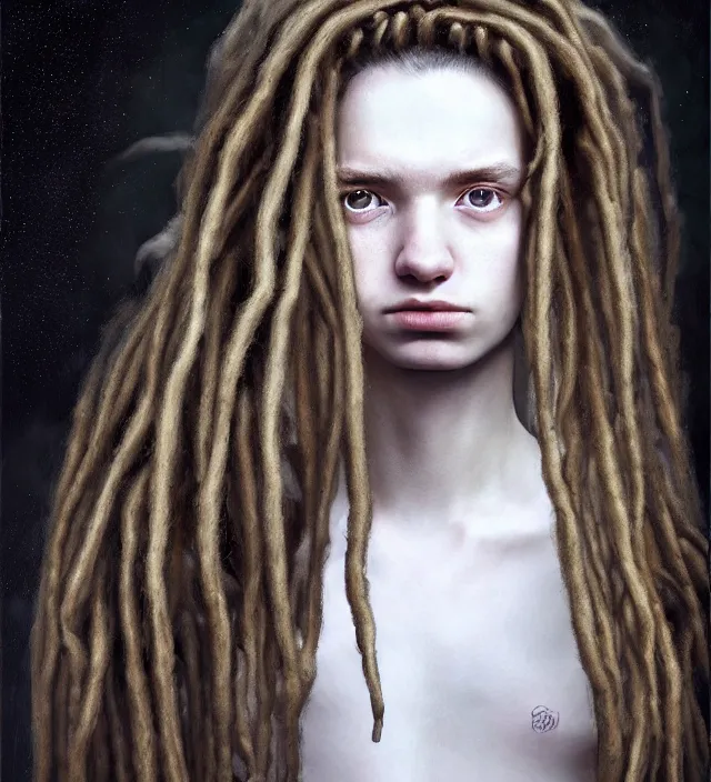 Prompt: portrait of shy teenage fantasy witch, grzegorz rutkowski, symmetry, deep dark forest, dramatic lighting, moody, directional lighting, awkward, intelligent, contemplative, gorgeous dreadlocks in hair, volumetric lighting, symmetrical face, pale girl, nervous, art by alasdair gray, brown hair, hazel eyes, trending on artstation