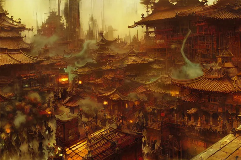 Image similar to wuxia, steampunk city, painting by gaston bussiere, craig mullins, j. c. leyendecker