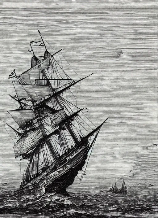Prompt: realistic galleon on the high seas big waves moonlight, art by james o barr and albrecht durer and gustave dore, woodblock print, steel engraving, black and white, vector, vector art