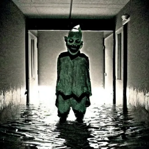 Image similar to a flooded creepy empty basement hallway with a creepy clown, craigslist photo