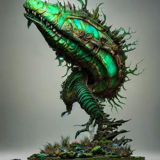 Image similar to a stunning detailed 3d matte portrait of a bulette with green plated carapace, male, standing in a maelstrom, by ellen jewett, by tomasz alen kopera, by Justin Gerard, ominous, magical realism, texture, gills, intricate, whirling smoke, alchemist bottles, radiant colors, fantasy, dungeons and dragons, dnd, volumetric lighting, high details