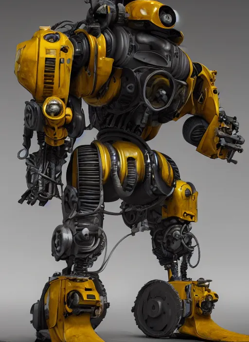 Image similar to a photorealistic dramatic hyperrealistic render of a futuristic exosuit power loader heavy machinery, ultra realistic details, glossy yellow, well worn, rust, oil stains by vitaly bulgarov and mike nash, beautiful dramatic dark moody tones and lighting, cinematic atmosphere, studio lighting, global illumination, shadows, dark background, octane render, 8 k