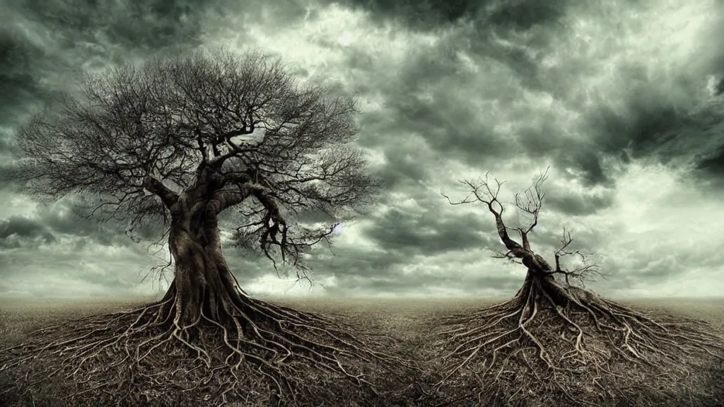 Image similar to tree roots reaching up into the clouds, surrealism photography by Sarolta Bán