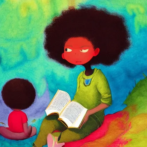 Prompt: a black girl with a colorful afro and big colorful eyes reading a book in the forest, bright colours, bokeh!!, watercolor, volumetric wool felting, macro photography, children illustration, by goro fujita