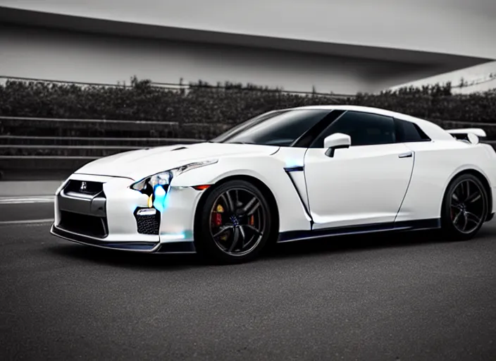 Prompt: 105mm photograph f1.8 full view mid distance front side view white Nissan GT-R showroom beautiful lighting from 2015