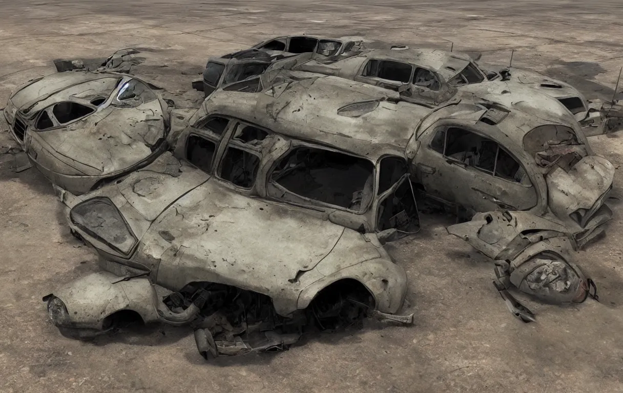 Image similar to a post apocalyptical car abandoned in a wasteland, max max style