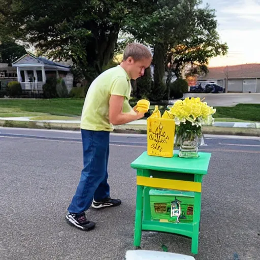 Image similar to a man pushing over a kid's lemonade stand