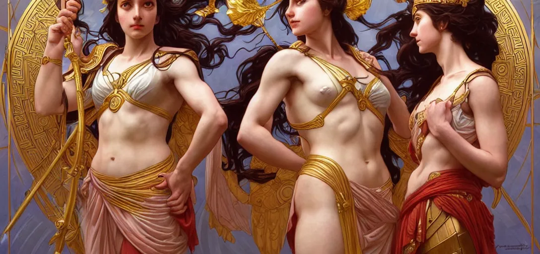 Image similar to symmetry!! intense fanart of 3 / 4 front pose of athena the goddess of war next to aphrodite the goddess of love, intricate, elegant, highly detailed, my rendition, digital painting, artstation, concept art, smooth, sharp focus, illustration, art by artgerm and greg rutkowski and alphonse mucha