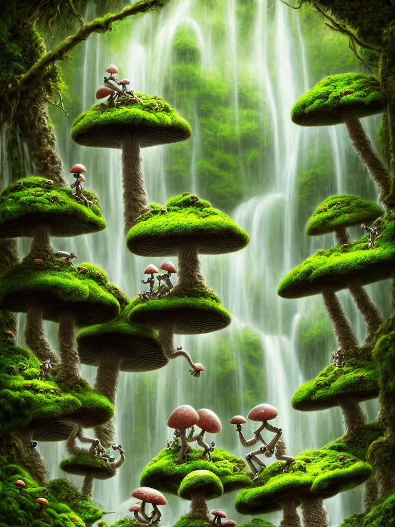 Image similar to future robot android primate in forrest of giant mushrooms, moss and flowers stone bridge waterfall. muted colors. by jean james mccarthy. by tim white. in the style of raffaello ossola. highly detailed. award winning. trending on artstation