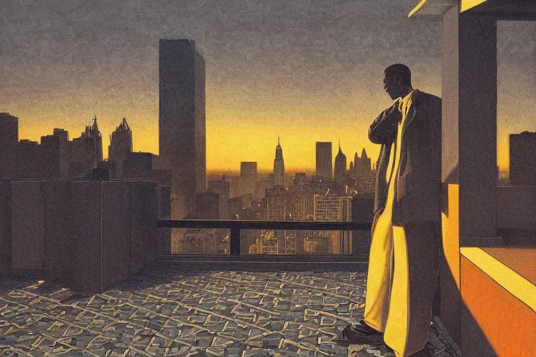 Image similar to painting of a black men in a rooftop, watching new york, beautiful, sunset, romantic, by ludwig deutsch and maxfield parrish, patterned tilework, extremely detailed, cinematic lighting, smooth sharp focus