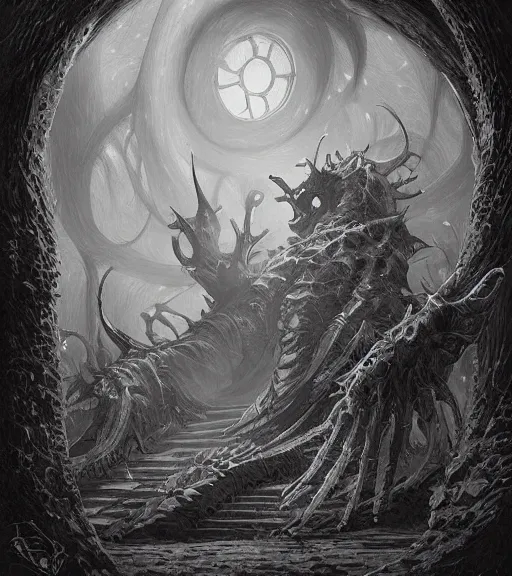 Image similar to beautiful beholder black and white drawing, in the style of greg rutkowski, fantasy, amazing detail, epic, intricate, elegant, smooth, sharp focus