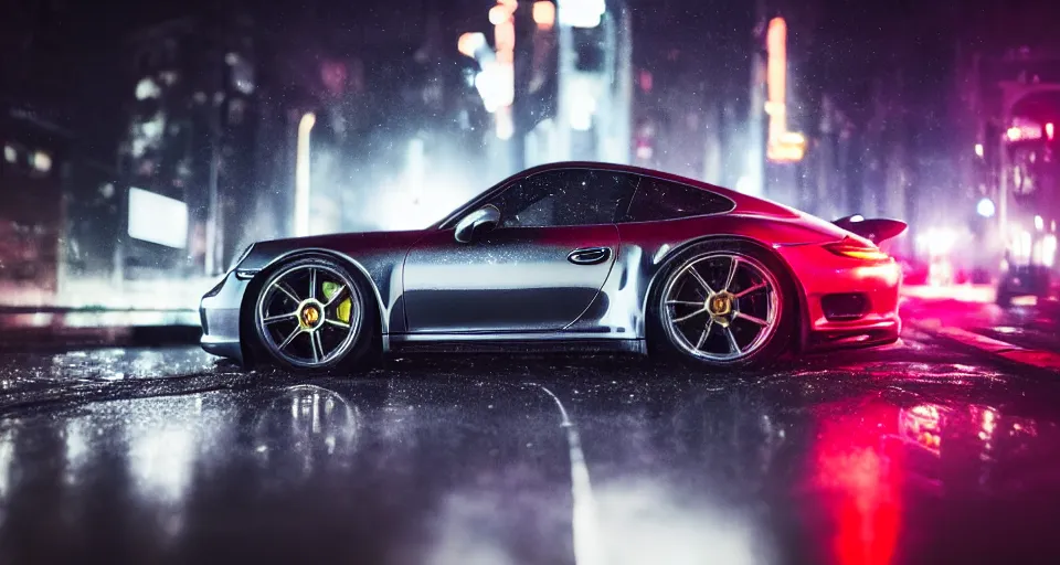 Image similar to close up macro shot of a porsche 9 1 1 car on wet city street at night, intricate, hyper detailed, smooth, high contrast, neon, volumetric lighting, octane, moebius, greg rutkowski, blade runner, ripley scott, cindmatic