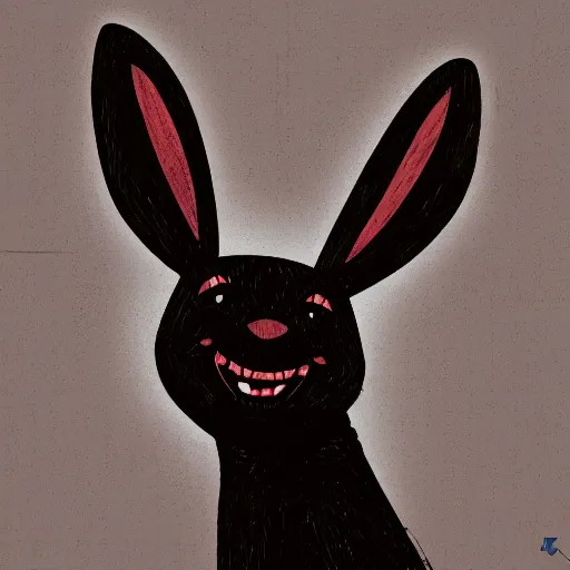 Image similar to A extremely highly detailed majestic hi-res beautiful, highly detailed head and shoulders portrait of a scary terrifying, horrifying, creepy black cartoon rabbit with scary big eyes, earing a shirt laughing, hey buddy, let's be friends, in the retro art style of Walt Disney