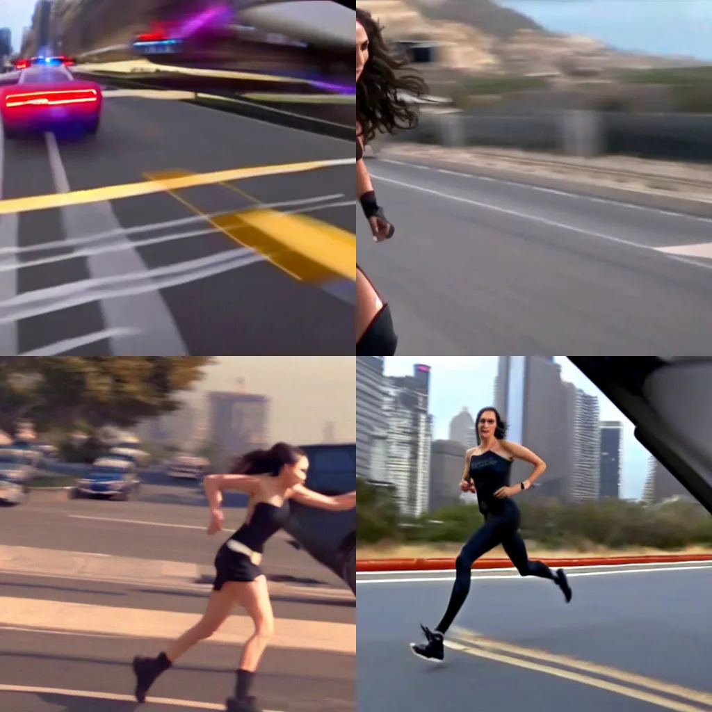 Prompt: dash cam screenshot of gal gadot running from the cops motion blur view from helicopter