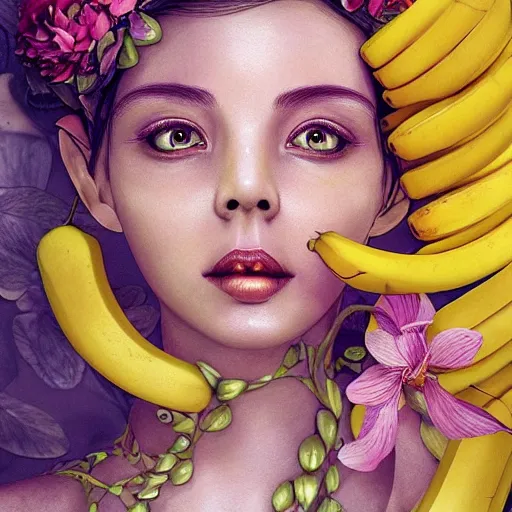 Image similar to the portrait of an absurdly beautiful, graceful, elegant woman made of bananas and petals, an ultrafine detailed illustration by irakli nadar, naoki ikushima, mika iizuka, intricate linework, bright colors, final fantasy, behance contest winner, angular, unreal engine 5 highly rendered, global illumination, radiant light, detailed and intricate environment