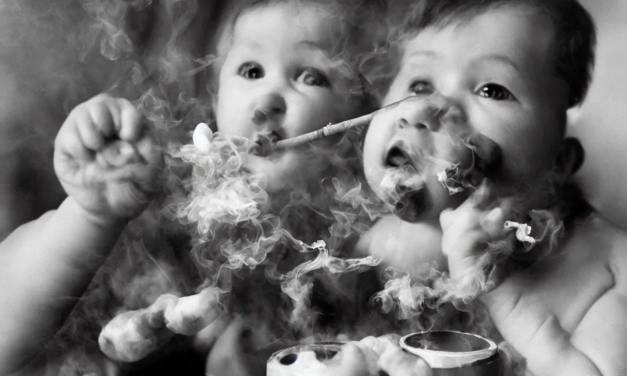 Image similar to a photograph of a baby smoking a bong