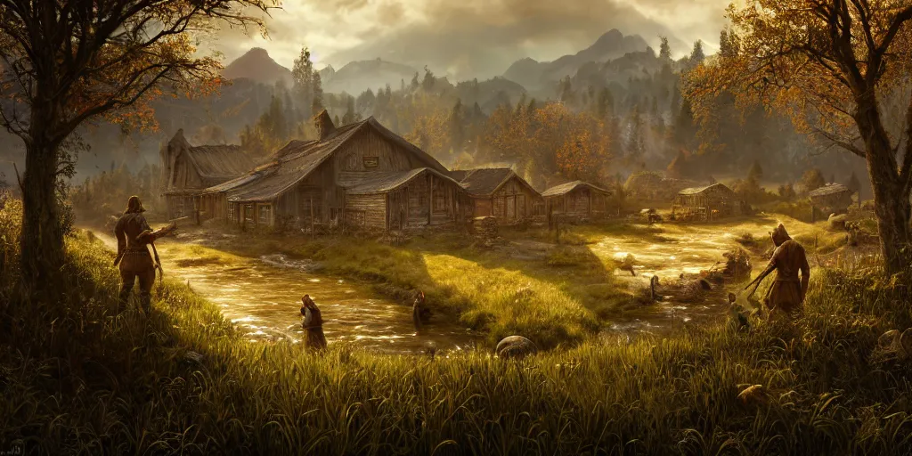 Prompt: the elder scrolls vi, rustic farmer settlement along a stream, fields and forested area, painted, intricate, volumetric lighting, beautiful, daytime, sunny weather, slight overcast, golden hour, sharp focus, deep colours, ultra detailed, by leesha hannigan, ross tran, thierry doizon, kai carpenter, ignacio fernandez rios