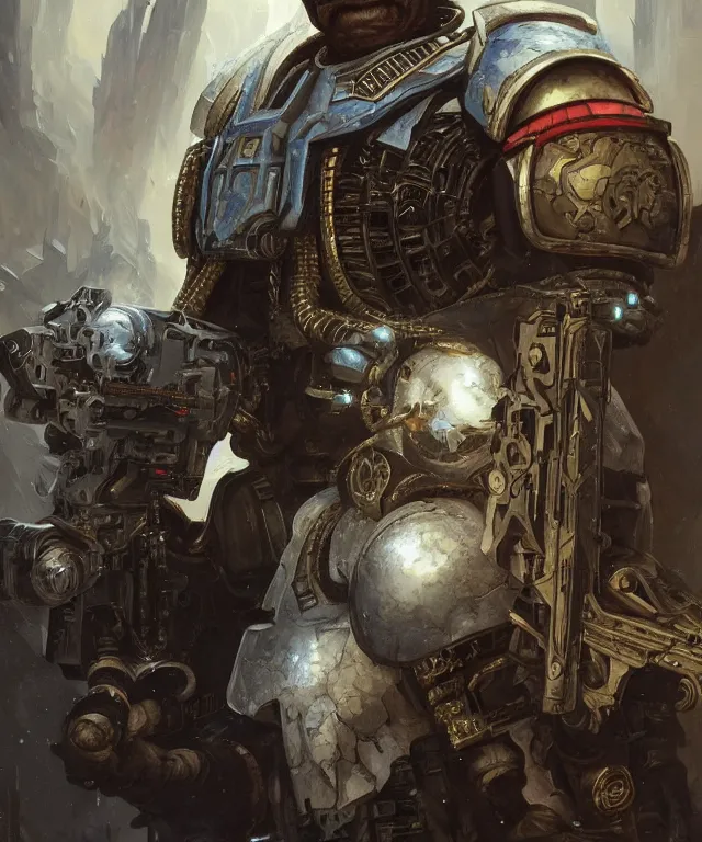 Image similar to morgan freeman as warhammer 4 0 k space marine chaplain, portrait, fantasy, intricate, elegant, highly detailed, digital painting, artstation, concept art, smooth, sharp focus, illustration, art by artgerm and greg rutkowski and alphonse mucha