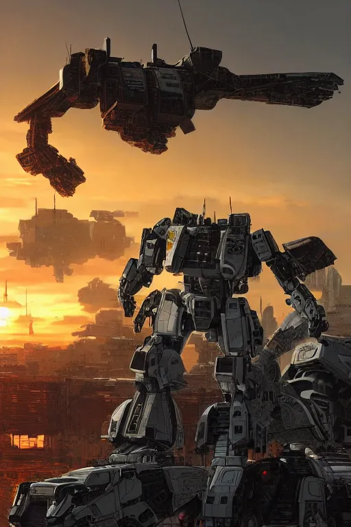 Image similar to A real photo of a Huge Mechwarrior prepared for battle and the sunset in the distance, by Josan Gonzalez, Yoji Shinkawa and Geof Darrow, highly detailed, Unreal Engine Render, 3D, 8k wallpaper