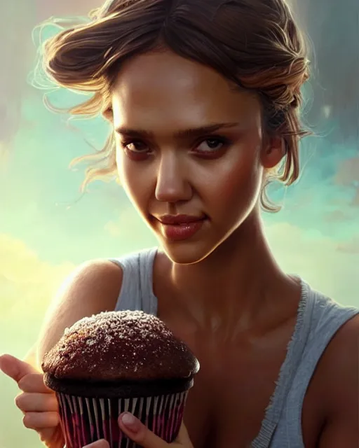 Image similar to jessica alba as ( girl as personification of chocolate cupcake ), fantasy bakery, digital painting by greg rutkowski, artgerm, krenz cushart, laurie greasly, wlop, intricate, highly detailed!!, sharp focus, smooth, epic composition, joyful, unreal engine, masterpiece, 8 k