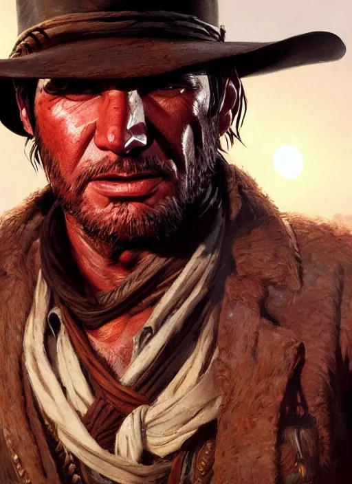 Prompt: highly detailed portrait of indiana jones red dead redemption art, unreal engine, fantasy art by greg rutkowski