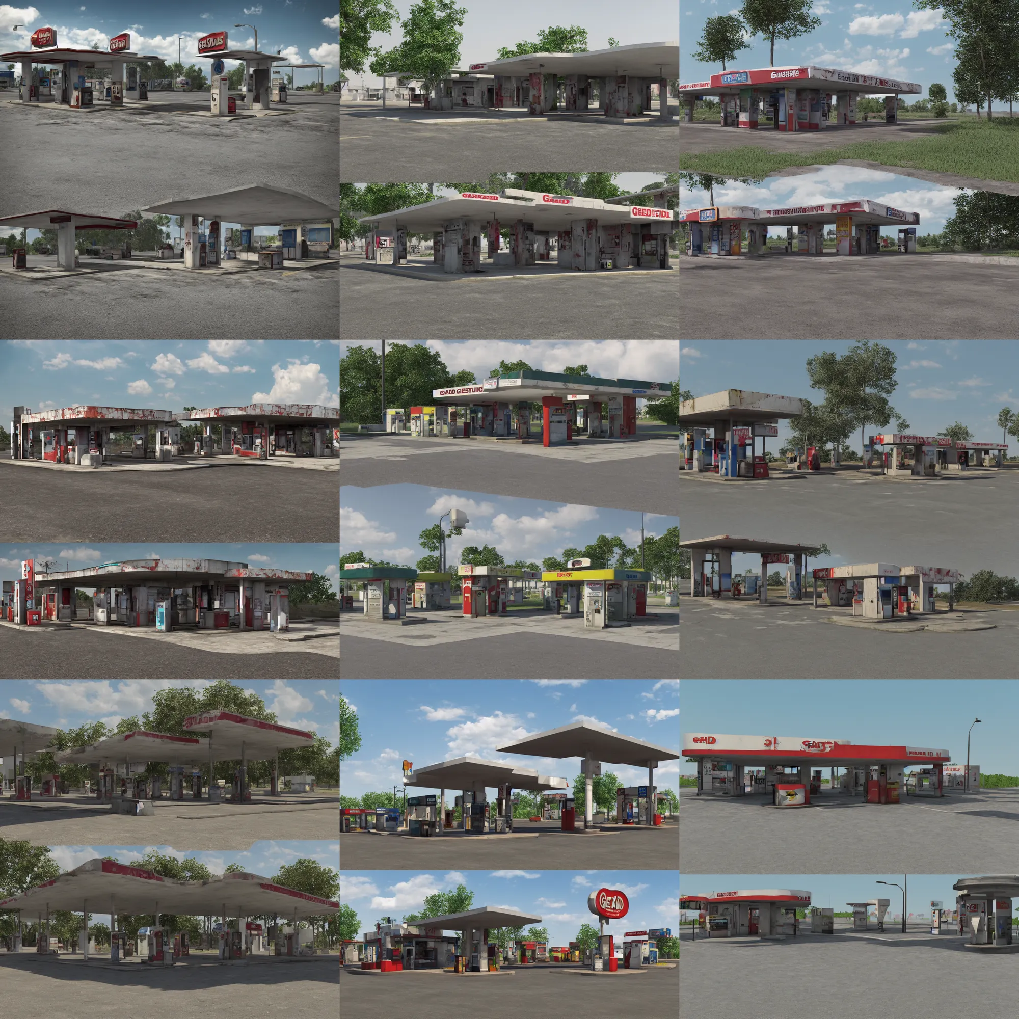 Prompt: 3d render of an abandoned gas station on a road