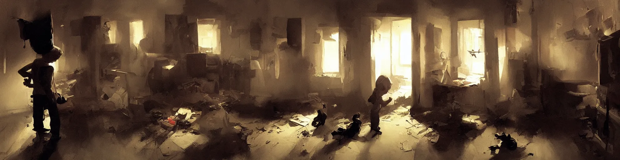 Image similar to a kid entering in a hoarder's room, dark atmosphere. by sergey kolesov and phil hale