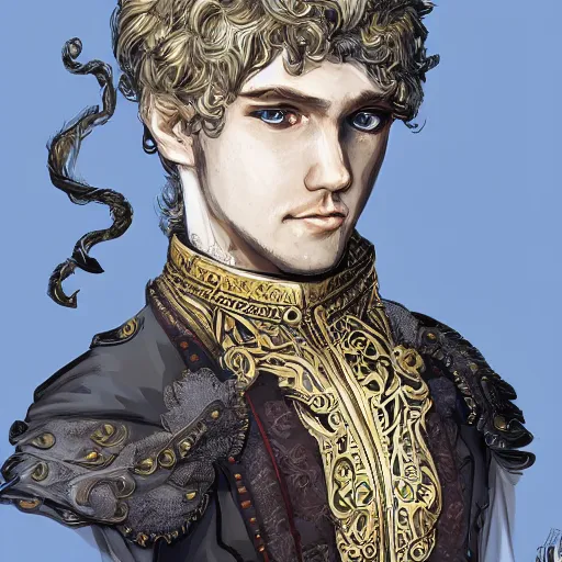 Image similar to portrait, 27 years old man, blue eyes, blond curls, charming, handsome :: rich expensive medieval clothes :: high detail, digital art, fantasy, RPG, concept art, illustration