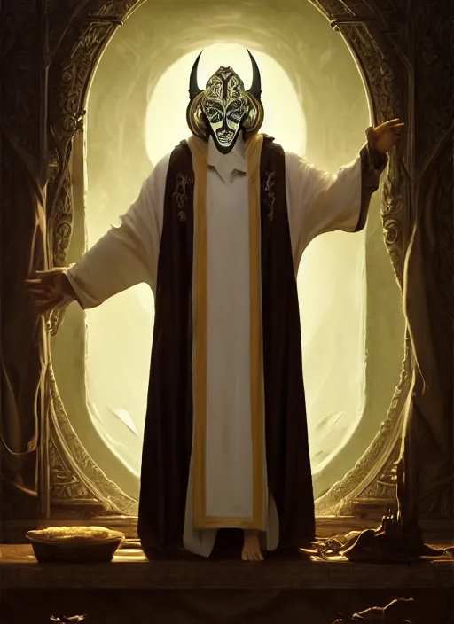 Image similar to slender high priest in a dark ornate robe, with a carved ivory mask, subsurface scattering, by jesper ejsing, justin gerard, tomasz alen kopera, cgsociety and fenghua zhong, highly detailed, rim light, cinematic lighting, illustration, art, octane render, very coherent, cinematic, high detail, octane render, 8 k