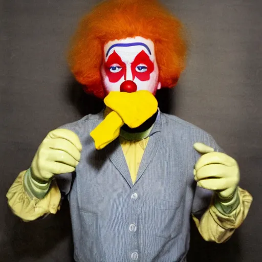 Image similar to ronald mcdonald clown booking photo, arrest, 1800s colorized