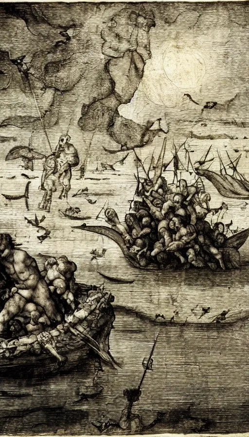 Image similar to man on boat crossing a body of water in hell with creatures in the water, sea of souls, by leonardo da vinci