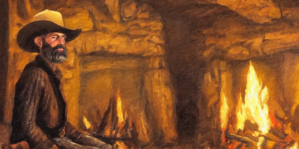 Prompt: in an old west cabin, close up shot a rugged, bearded cowboy standing at his fireplace, in the style of Fredrick Remington, oil painting