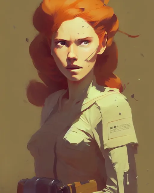 Image similar to hyper - realistic portrait of beautiful ginger female adventurer by atey ghailan, by greg rutkowski, by greg tocchini, by james gilleard, by joe fenton, by kaethe butcher, dynamic lighting, gradient light yellow, brown, blonde cream and white color scheme, grunge aesthetic