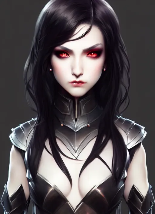 Image similar to full plate armor!!! beautiful and elegant dark hair female vampire!! gorgeous ayes!! character concept art, sharp focus, octane render! unreal engine 5! highly rendered!! trending on artstation!! detailed linework!! illustration by artgerm, wlop, and chie yoshii