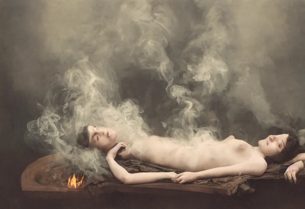 Image similar to A lady lying in smoke