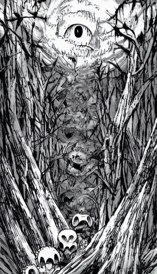 Image similar to a storm vortex made of many demonic eyes and teeth over a forest, by hajime isayama