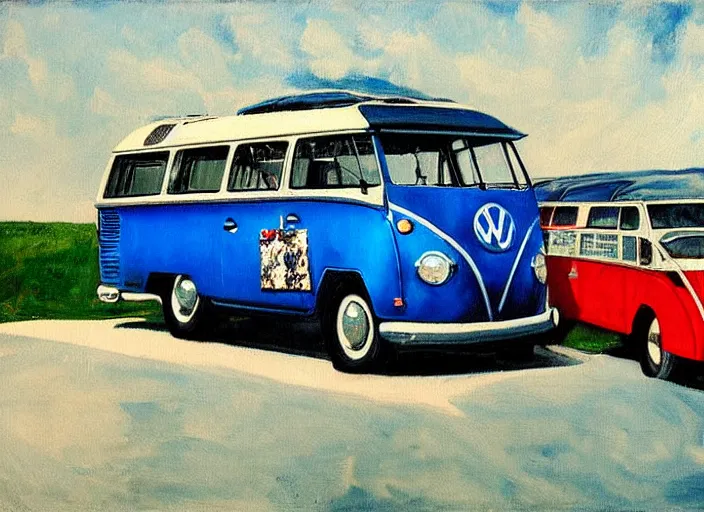 Prompt: detailed painting of two young men and women in front of blue colored vw bus by edward hopper, bernardo bertolucci dreamers movie scene